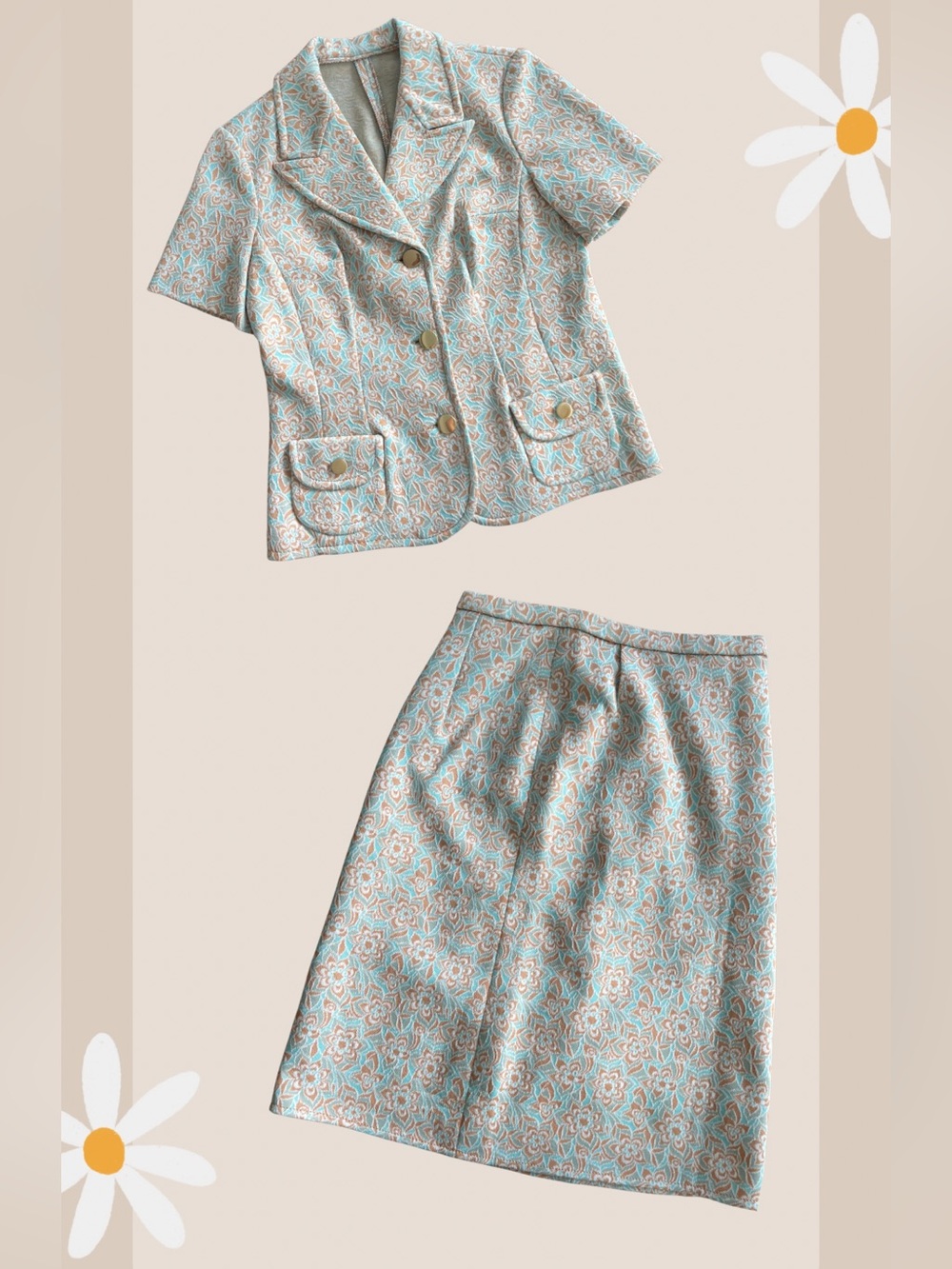 1960s Diolen Loft Cream & Light Blue Floral Short Sleeve Jacket & Skirt Set